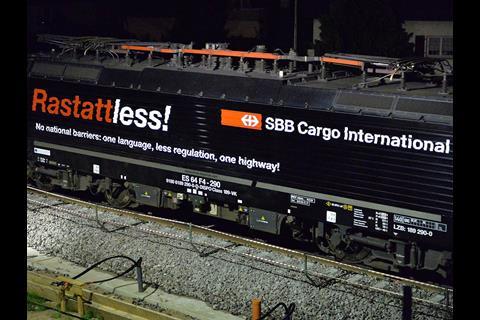 SBB Cargo used a specially branded locomotive to mark the resumption of freight traffic through Rastatt on October 2.